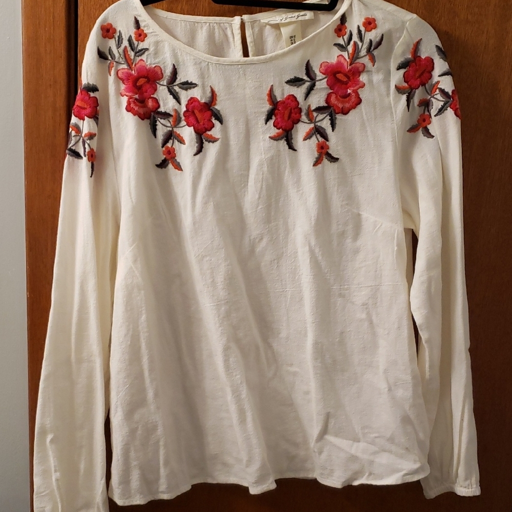 H&M White Blouse with Red Floral Embroidery